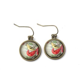 Cardinal Dangle Earrings - Vintage Image Under Glass Cabochon - Bird Jewelry
