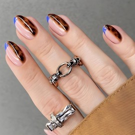 24Pcs Short Oval Press on Nails Leopard Printed Fake Nails Glossy Blue French False Nail Tips with Glue Tabs Cute Acrylic Nails Press ons Winter Artificial Nails Reusable Stick on Nails for Women