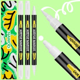 NAWOD 3 White Acrylic Paint Pens, Acrylic Paint Markers Dual Tip (Dot Tip + Brush Tip), Acrylic Permanent Markers for Rock, Fabric, Canvas, Ceramic, Glass, Wood, Paper, Labeling, Drawing, DIY Crafts