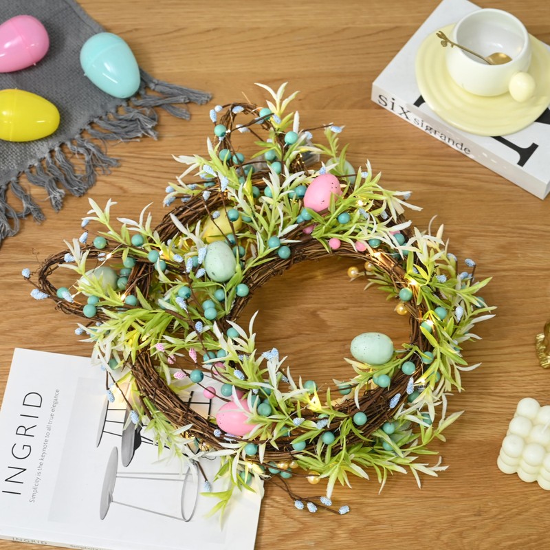 AOMOONOA Easter Bunny Spring Wreath for Front Door, Lighted Easter