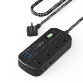 Surge Protector Power Strip (2100J), 8 AC Outlets, 4 USB Fast Charge (5V/3.4A 17W), 5 Ft Flat Plug Extension Cord for Office, PC, Computer, Streaming, Gaming Desk Accessories, Black