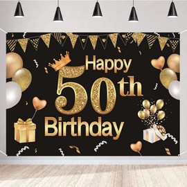 Generic 50th Birthday Decorations Happy 50th Birthday Backdrop for Men and Women Photography Background 150cm x 90cm Black Vinyl Banner Party Banner Photo Booth Props