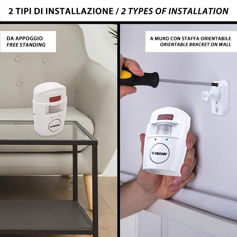 Mini allarme con rilevatore di presenza e due telecomandi. Bianco