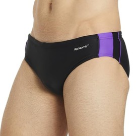 Sporti Boys Swim Briefs – Boys' Athletic Swimwear Briefs with Lycra Xtra Life, UPF 50+, Drawstring, Long-Lasting Competitive Swimsuit Brief for Training & Racing - Black/Purple - 24
