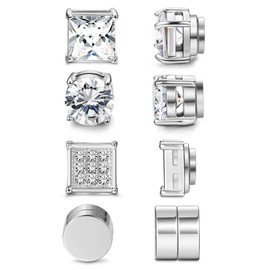 Jstyle 4 Pairs Stainless Steel Magnetic Stud Earrings for Men Women Silver Tone CZ Non-Piercing Clip On Stud Earrings Set 6-8MM