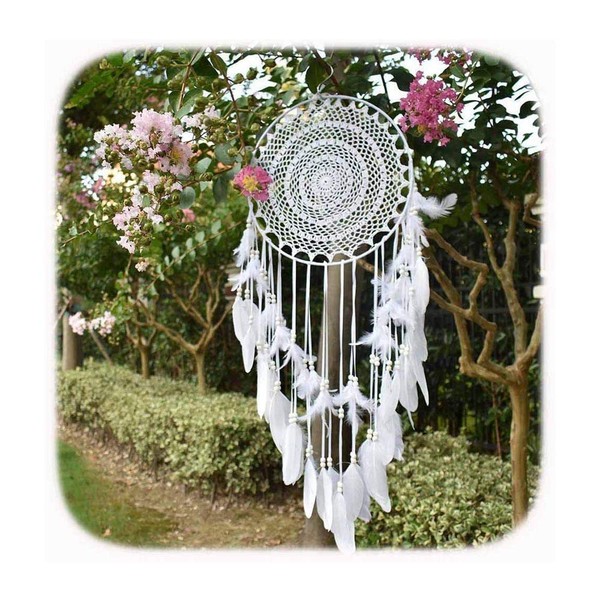 EasyBravo Large Boho Dream Catcher with White Feather Macrame Wall Hanging for Vintage Wedding Home Decorations 35cm Circle 115cm Long(white)