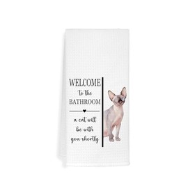 Funny Bathroom Hand Towels Dishcloths for Cat Mom Dad Sphynx Lover Gifts,Welcome to The Bathroom a Cat Will Be with You Shortly,16x24 inch