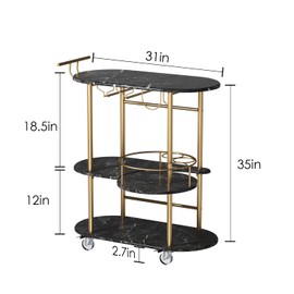 PAUKIN Black Bar Carts with 4-Tier Storage Shelves, Mobile Bar Serving Cart with Wine Rack and Glass Holder, for The Home, Kitchen, Living Room, Dining Room