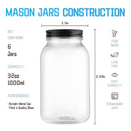 novelinks 32 OZ Clear Plastic Mason Jars with Lids - Dishwasher Safe Plastic Mason Jars 32 OZ Plastic Jars with Lids for Kitchen & Household Storage (6 Pack) (Black)