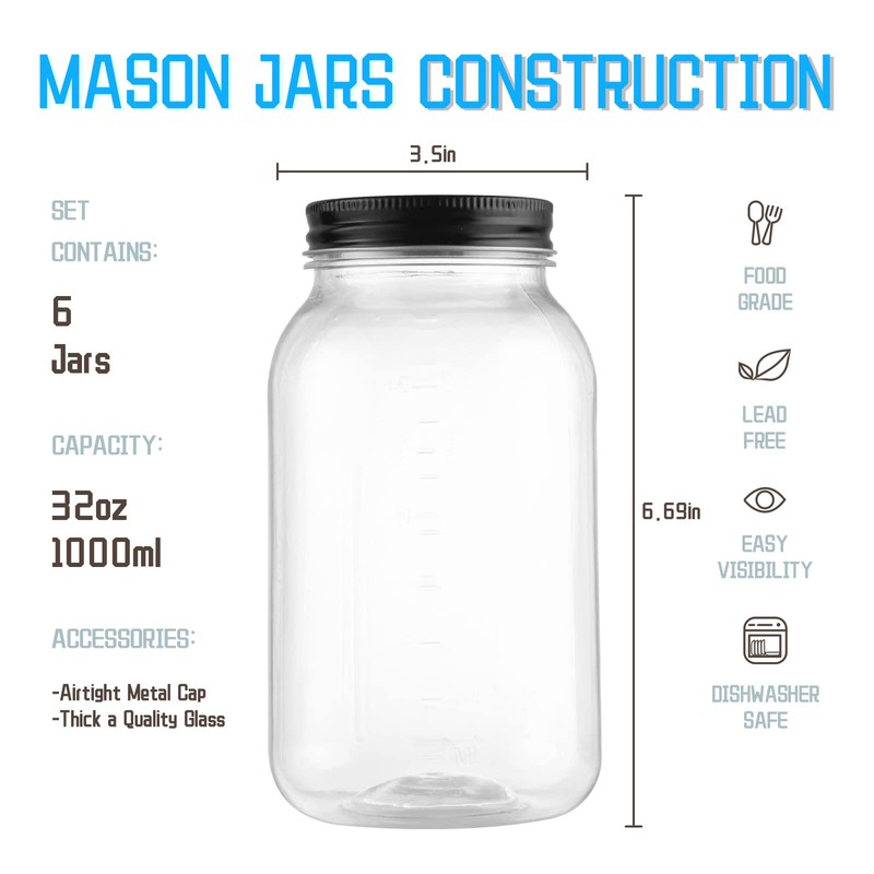 novelinks 32 OZ Clear Plastic Mason Jars with Lids -