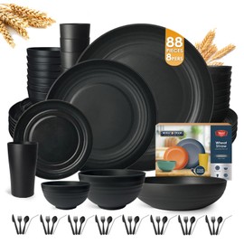 Teivio 88-Piece With Flatware Kitchen Plastic Wheat Straw Dinnerware Set for 8, Dinner/Dessert/Appetizer Plates, Cereal Fruit Bowls, Pasta Bowls, Cups, Unbreakable Dishwasher Safe Outdoor Dish, Black