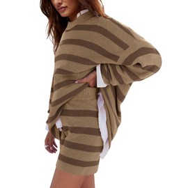 LAMISSCHE Womens Oversized Lounge Sets 2 Piece Outfits Striped Matching Pajama Set Long Sleeve Sweater Set(D&Lt Brown,M)