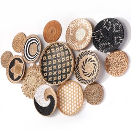 Nuenen Set of 14 Hanging Woven Wall Basket, Boho Basket Wall Decor, Rustic Wall Decor Handcrafted Hanging Kitchen Baskets for Kitchen Farmhouse Bedroom Living Room(Retro Color)