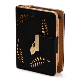 Mujer Cartera de PU Cuero, Cartera Para Mujer de Piel, Pequeña Cartera Corta Plegable, Billetera Gran Capacidad Con Cremallera, Minimalista con Hoja Adorno, Regalo Para Chicas y Mujeres, Negro