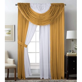 Sapphire Home Sheer Curtains - Two Tone 4 Panels Set w/Valance & Tiebacks, 55"x95", Lightweight Light-Filtering Window Curtain for Living Room, Bedroom, Kitchen, Dining Room - Gold