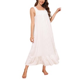 Rubehoow Women's Nightwear Sleeveless Cotton Lace Pajama Dress Wide Strap Tank Loungewear with Pockets (White,2XL)