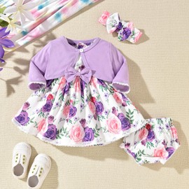 fioukiay Baby Girl Dress and Cardigan Set Infant Girl Bowknot Dresses Outfit Set Clothes with Diaper Cover Fall Winter, 12-18 Months A Purple