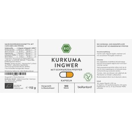 Turmeric + Ginger + Pepper Capsules | Organic | Pack of 180 | Vegan and No Additives | Made in Germany and Laboratory Tested | bioKontor