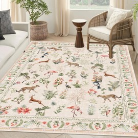 Washable Area Rug 3' ×5' Beige Large Living Room Rug Floral Animal Botany Boho Non-Slip Soft Oriental Vintage Cheetah Flamingo Deer Bedroom Carpet Colorful Dining Room Nursery Home Office Indoor