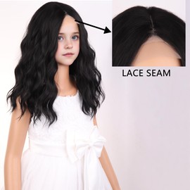 WTHCOS Black Wig for Kids Girls Short Lace Seam Curly Wavy Heat Resistant Synthetic Hair Wigs for Daily Use Cosplay Wig With Wig Cap