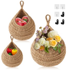 JCUKHA Hanging Fruit Baskets for Kitchen 3 Pack, Boho Wall Hanging Basket, Handwoven Hanging Holder with Hooks, Teardrop Home Produce Decor Basket for Fruits Vegetable Potato Onion Storage
