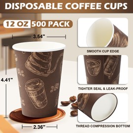 Huifany 500 Pack 12 oz Coffee Cups, Paper Cups 12 oz Disposable Coffee Cups Thickened Paper Cups Bulk Hot/Cold Cup for Office, Home, Event