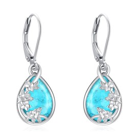 LOOVE Sterling Silver Turquoise Earrings for Women Dangling Flower Earrings Leverback Turquoise Teardrop Earrings Silver Drop Earrings Floral Turquoise Jewelry