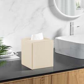 JLAMBOM PU Leather Tissue Box Cover Square Tissue Box Holder with Magnetic Closure, Decorative Tissue Holder for Bathroom Bedroom Office (Beige)