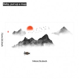 WOHAHA Chinese Ink Painting Mountains Wall Stickers Birds Red Moon Lonely Boat Wall Decals Removable PVC Wallpaper Peel and Stick Living Room Bedroom Studyroom Wall Art Decor