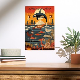 Lantern Press 10x15 Inch Wood Sign, Ready to Hang Wall Decor, Juneau, Alaska, Marine Animals, Geometric