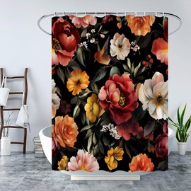 Black Floral Shower Curtain Vintage Boho Flower Bird Botanical Retro Blossom Leaves Plant Rustic Wildflower Unique Aesthetic Art Bath Curtain with Hooks
