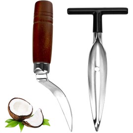 2 PCS Coconut Opener Tool Set Coconut Meat Remover Stainless Steel Coconut Opener Scraper Knife Coconut Punch Tool with Durable Non-Slip Wooden Handle Scraper