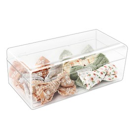 JessLab Hair Accessories Organizer for Girls, Acrylic Hair Bow Tie Clip Scrunchie Holder with Dividers, Clear Stackable Storage Box for Bathroom, Bedroom, Vanity Countertop, 1 Compartment