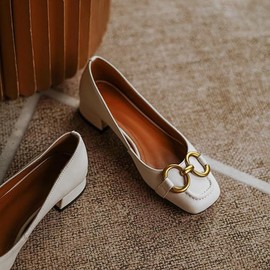 Women's Low Chunky Block Heel Pumps White Ballet Flats Slip on Square Closed Toe Thick Ballerina Heels Leather Horsebit Classic Casual Comfortable Work Ladies Dressy Flat Shoes