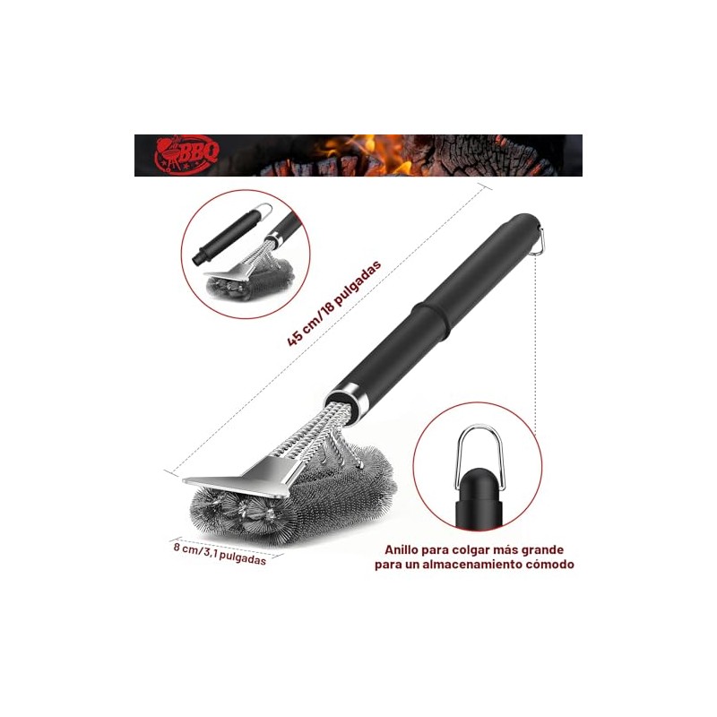 TNTOR - Cepillo para parrilla con raspador, mango ajustable de