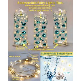 100 Floating Realistic Fall Leaves- Pumpkins- Mums & Pearls- Large sizes- Fills 2 Gallons of The Transparent Water Gels for Vases- with Pre-Measured Prep Bag- 6 Warm White Submersible Fairy Lights