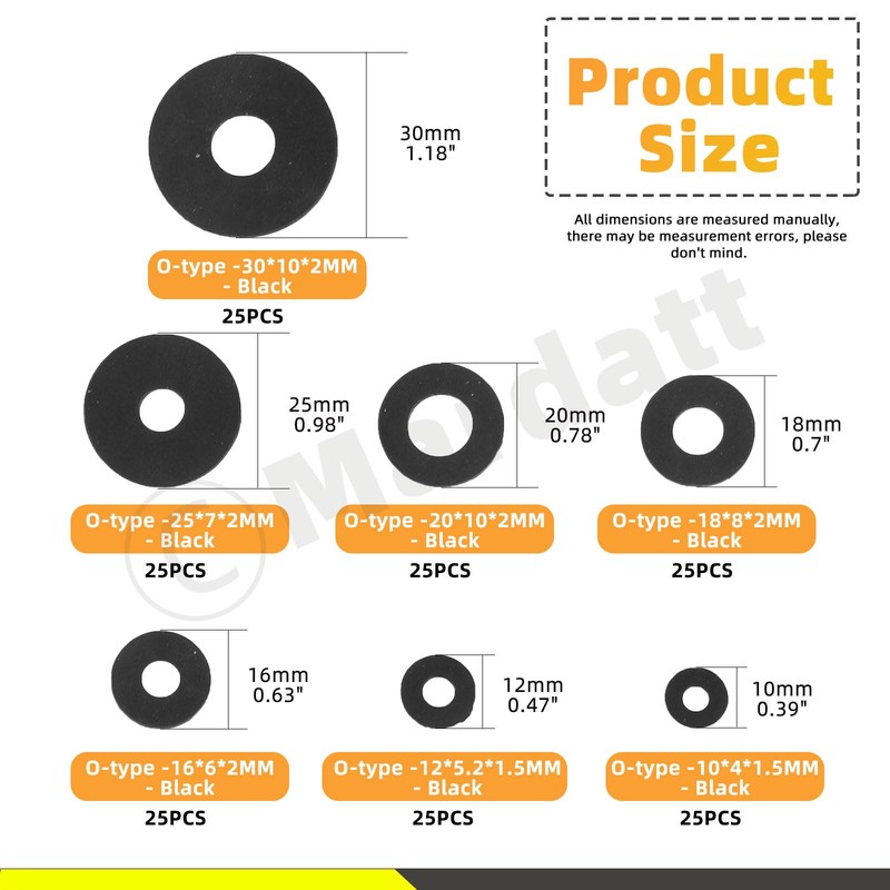 Mardatt 175Pcs 7 Sizes Rubber Washers Assortment Kit, 10/12/16/18/20/25/30MM Flat