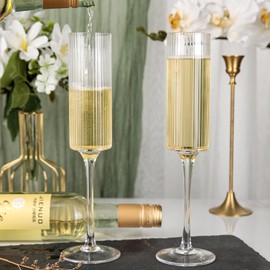 Ciaell Champagne Flutes Set of 4 - Vintage Ribbed Crystal Hand Blown Champagne Glasses With Long Stem - Elegant Sparkling Wine Stemware - Unique Gift for Birthday, Wedding, Anniversary & Daily Use