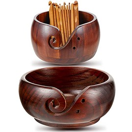 2 Sets Wooden Yarn Bowl Crochet Bowl Bamboo Handmade Knitting Wool Storage Round Rosewood Yarn Bowl with Holes 12 Pieces Crochet Hooks for Knitting Crocheting DIY Arts Crafts Tools Supplies
