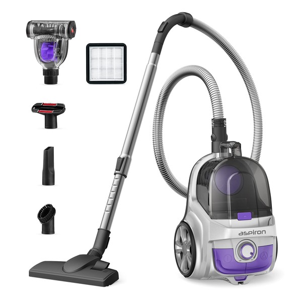 Aspiron Upgraded Canister Vacuum Cleaner, 1200W Bagless Vacuum Cleaner, 3.7Qt Large Capacity, Auto Cord Rewind, Double HEPA Filter, 5 Tools for Hard Floors, Carpet, Pet, Upholstery, Tiles, Car, Silver