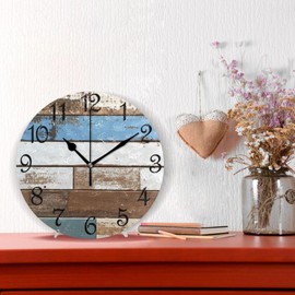 zyrtty Wall Clock Country Rustic Retro Barn Door Wood Brown Blue Battery Operated Silent Non Ticking 10 Inch PVC Tabletop Clock Decorative for Kitchen, Bathroom, Bedroom, Desk, Bookshelf