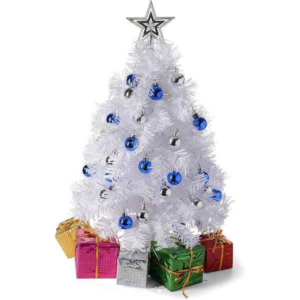 PREXTEX White Tabletop Christmas Tree (Stand) with LED Lights (EU Plug), Star Treetop and 5 Gift Boxes