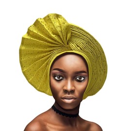Already Made Nigerian ASO Oke Auto Gele with Stones Women Turban Hat Head Wrap African Headties Fashion Headbands for Party(Yellow)