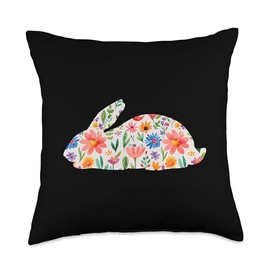 Miller Sye Flemish Giant Bunny Rabbit Watercolor Flowers Design Throw Pillow, 18x18, Multicolor