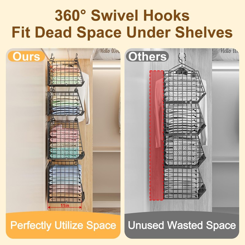 Lyuwanxian 4-Tier Hanging Closet Organizer with 360°Rotating Hooks – Foldable