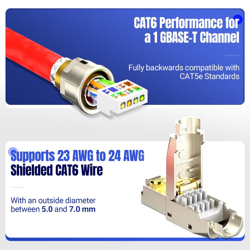 AMPCOM STP CAT6 RJ45 Connector Zinc-Alloy Tool-Free Ethernet Field Termination