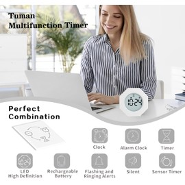 Octagon Pomodoro Timer Clock, Productivity Timer Cube, Octagonal Gravitational Flip Focus Timer，Mute & Adjustable Sound Alert, ADHD, Study,3-5-10-25-30-60-90min Min & Custom Countdown Time(White)