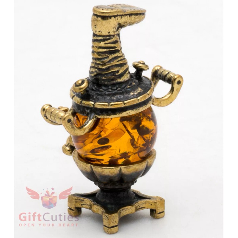 Solid Brass Amber Figurine of Russian Samovar Teapot Totem talisman
