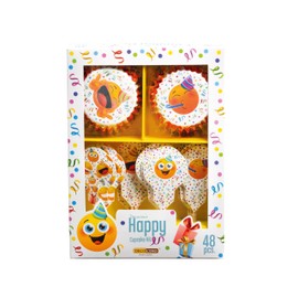 DECOCINO Happy Muffin Set 48 Pieces - 24 Cupcake Cases and 24 Muffin Toppers Made of Paper, Ideal for Birthdays, Parties, JGA, Graduations or Just Because