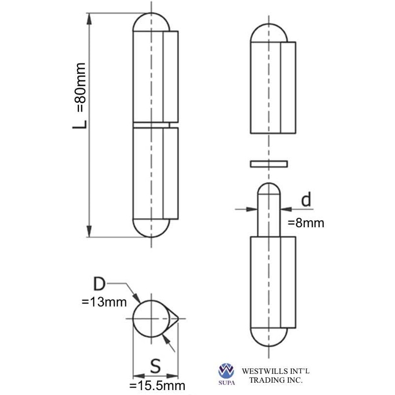 Supa 3-3/16" Premium Aluminium Weldable Bullet Hinges w/Fixed SS pin,